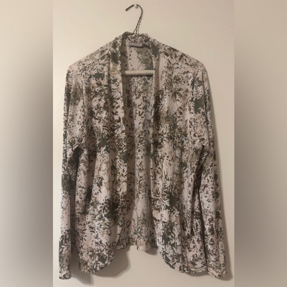 Chicos Easywear Open Front Cardigan Size 2 US Large Beige Olive Floral Print Top